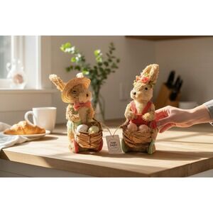 Primrose Vintage Easter Bunny Figurine Set Sisal Burlap 12" Natural Brand New